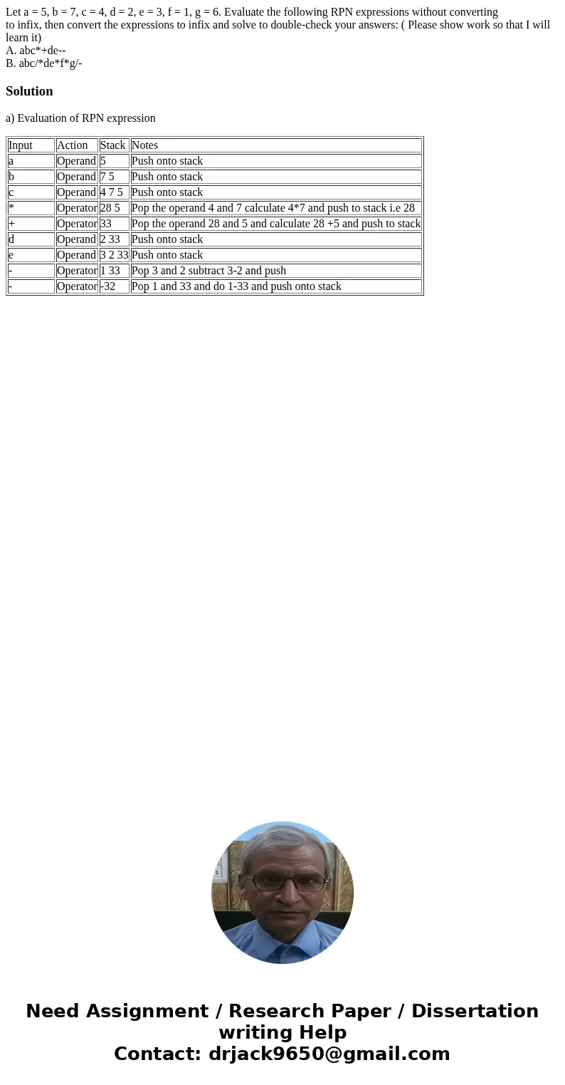 Let a = 5, b = 7, c = 4, d = 2, e = 3, f = 1, g = 6. Evaluate the following RPN expressions without converting to infix, then convert the expressions to infix a