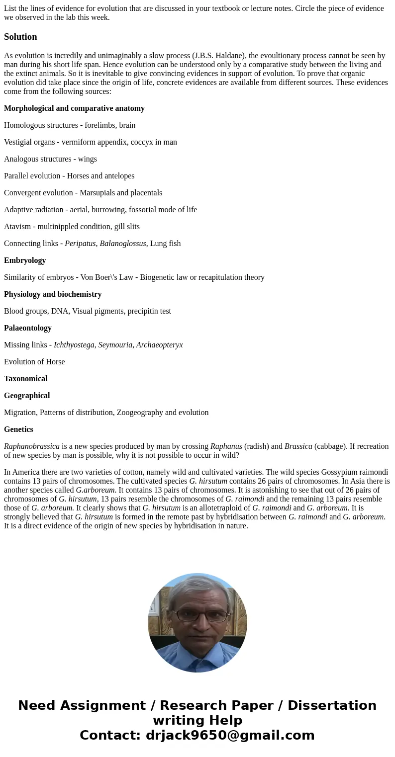  List the lines of evidence for evolution that are discussed in your textbook or lecture notes. Circle the piece of evidence we observed in the lab this week.So