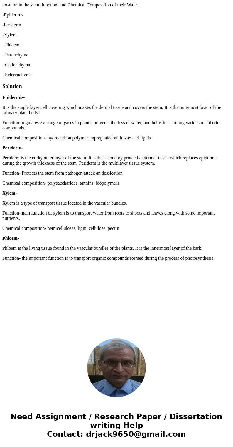 location in the stem, function, and Chemical Composition of their Wall: -Epidermis -Periderm -Xylem - Phloem - Parenchyma - Collenchyma - SclerenchymaSolutionEp