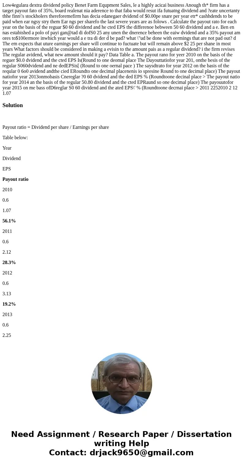  Low4egulara dextra dividend policy Benet Farm Equpment Sales, le a highly acicai business Anough th* firm has a target payout fato of 35%, board realenat nia a