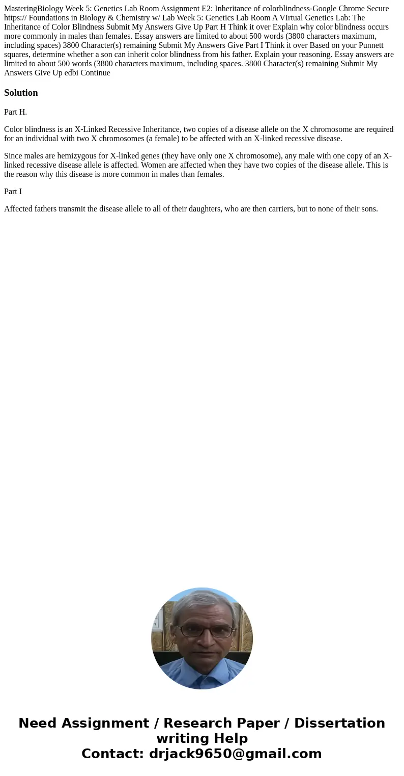  MasteringBiology Week 5: Genetics Lab Room Assignment E2: Inheritance of colorblindness-Google Chrome Secure https:// Foundations in Biology & Chemistry w/