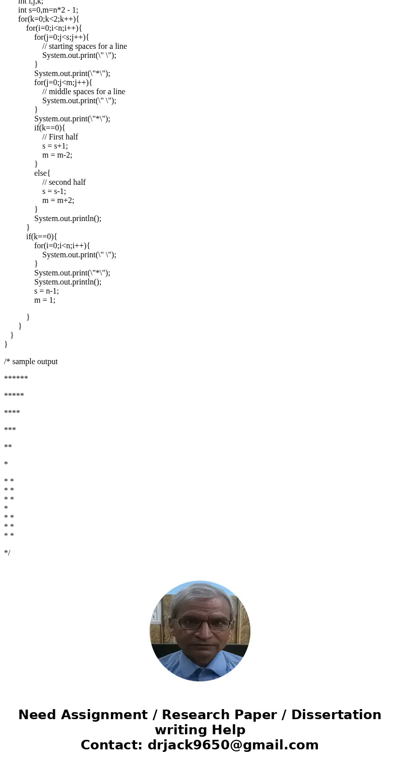 (More Nested Loop Exercises) Write methods that prints the following patterns to the console such that their size depend on a passed-in integer argument. This   (More Nested Loop Exercises) Write methods that prints the following patterns to the console such that their size depend on a passed-in integer argument. This