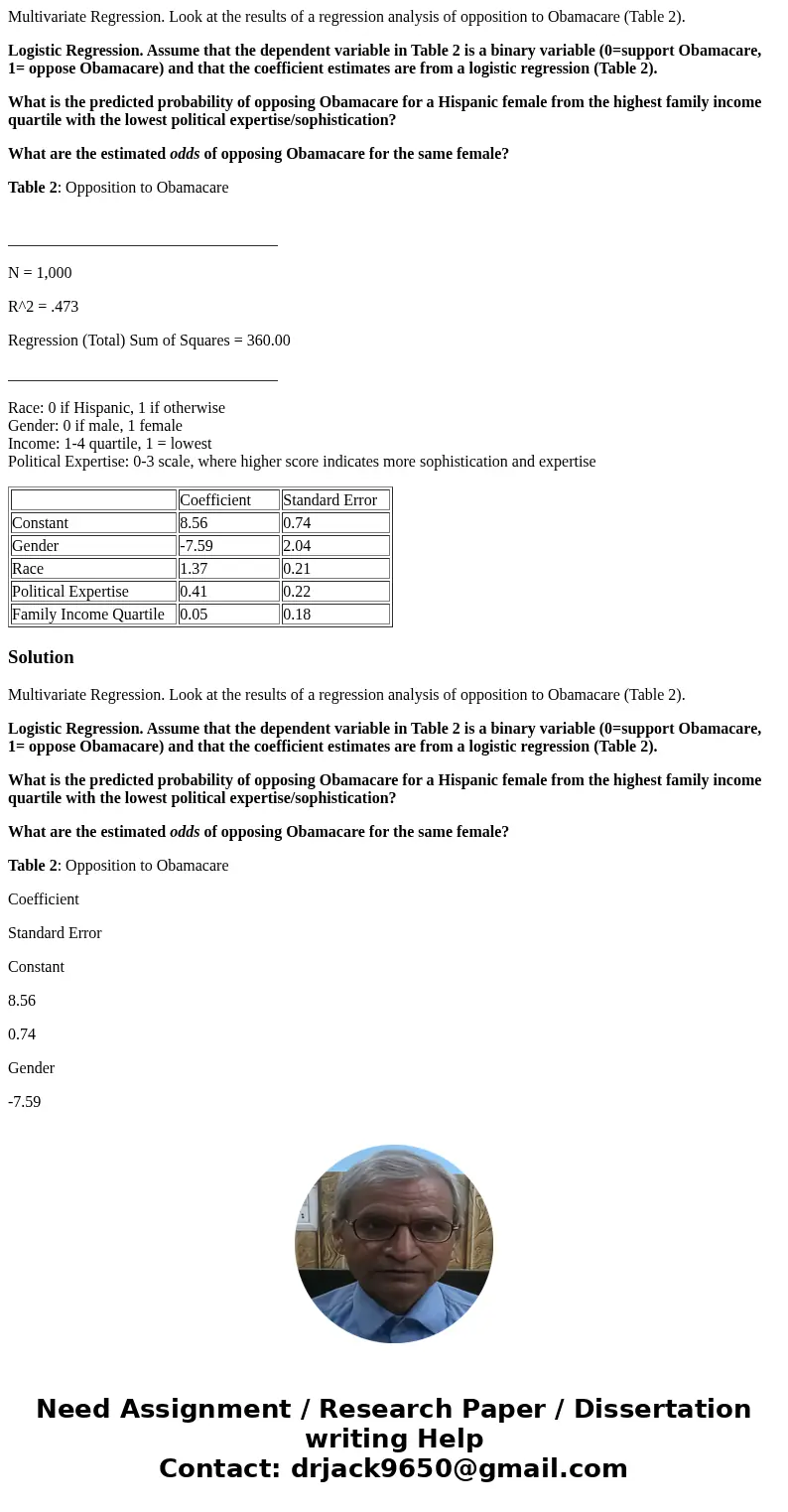 Multivariate Regression. Look at the results of a regression analysis of opposition to Obamacare (Table 2). Logistic Regression. Assume that the dependent varia Multivariate Regression. Look at the results of a regression analysis of opposition to Obamacare (Table 2). Logistic Regression. Assume that the dependent varia