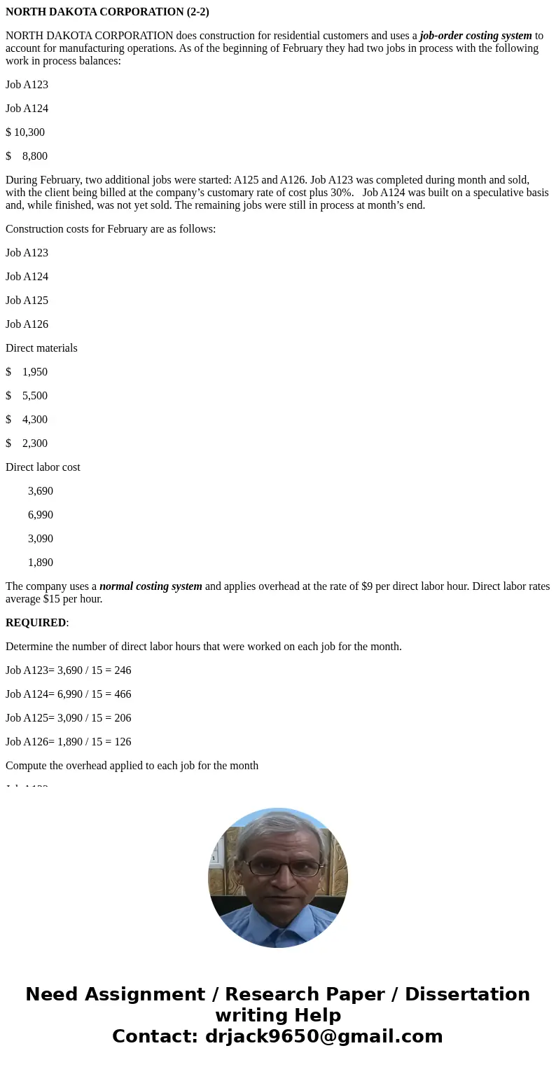 NORTH DAKOTA CORPORATION (2-2) NORTH DAKOTA CORPORATION does construction for residential customers and uses a job-order costing system to account for manufactu