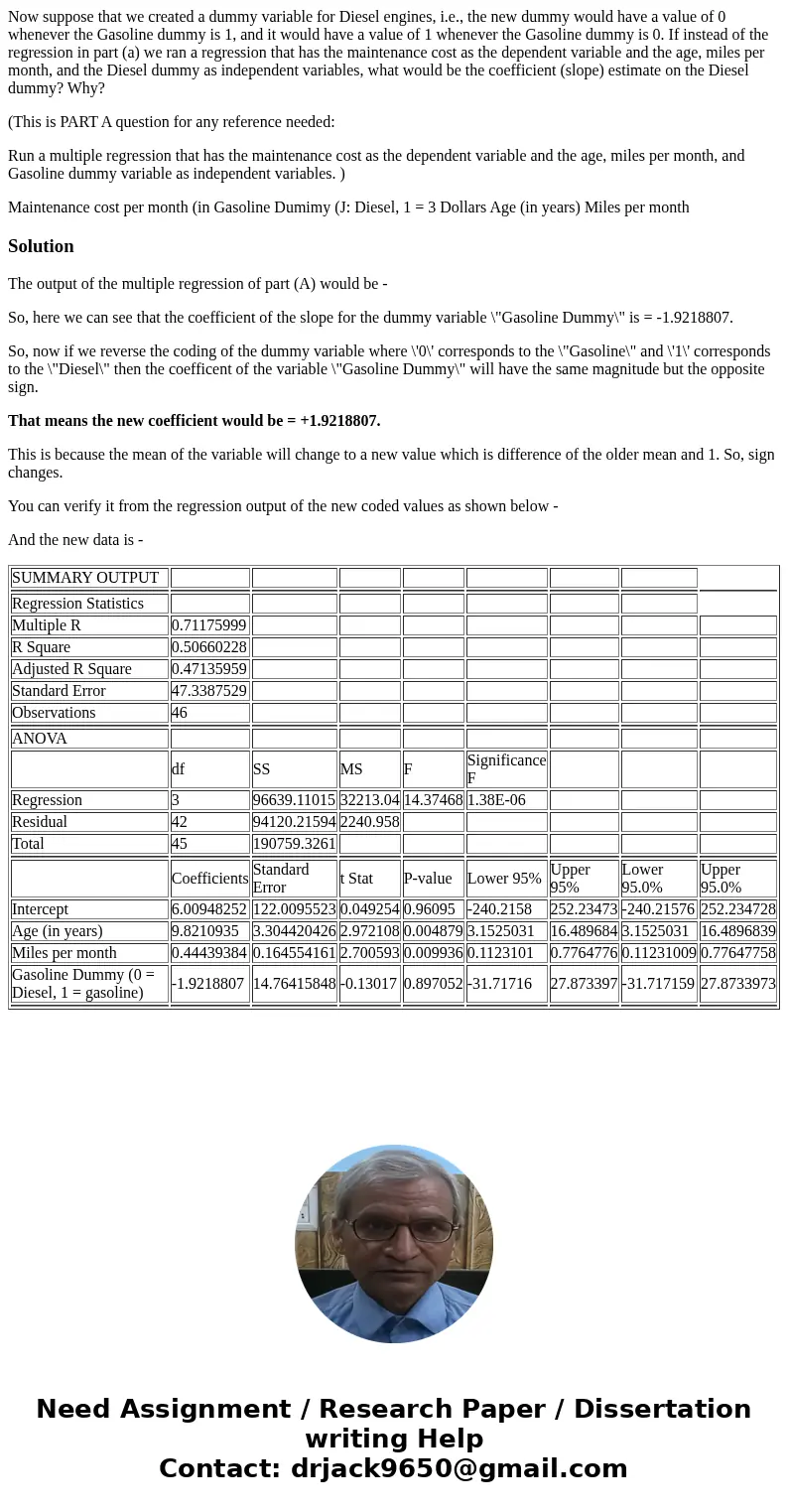 Now suppose that we created a dummy variable for Diesel engines, i.e., the new dummy would have a value of 0 whenever the Gasoline dummy is 1, and it would have