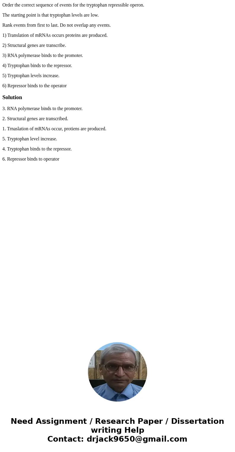 Order the correct sequence of events for the tryptophan repressible operon. The starting point is that tryptophan levels are low. Rank events from first to last Order the correct sequence of events for the tryptophan repressible operon. The starting point is that tryptophan levels are low. Rank events from first to last