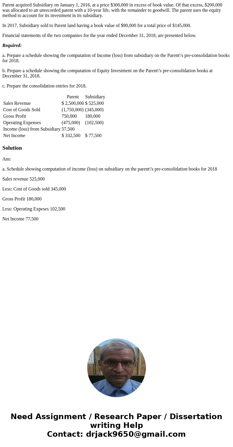 Parent acquired Subsidiary on January 1, 2016, at a price $300,000 in excess of book value. Of that excess, $200,000 was allocated to an unrecorded patent with 