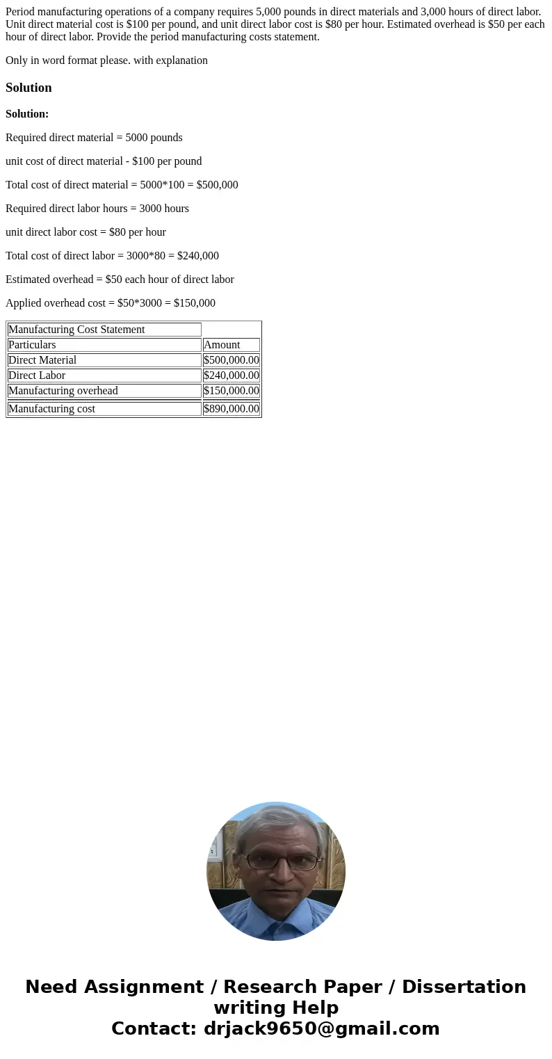 Period manufacturing operations of a company requires 5,000 pounds in direct materials and 3,000 hours of direct labor. Unit direct material cost is $100 per po