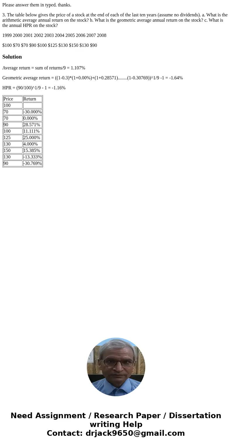 Please answer them in typed. thanks. 3. The table below gives the price of a stock at the end of each of the last ten years (assume no dividends). a. What is th