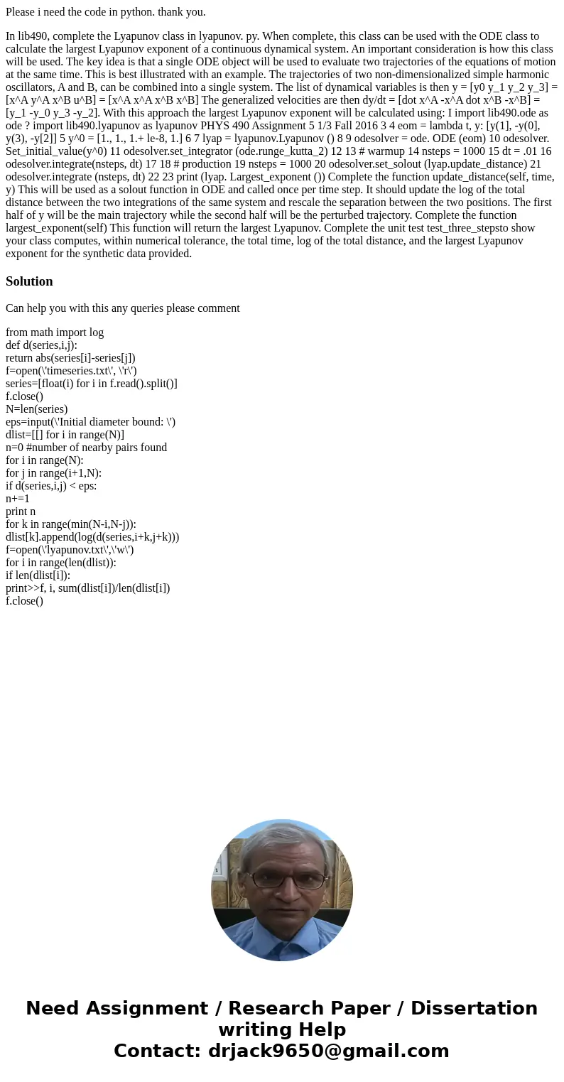 Please i need the code in python. thank you. In lib490, complete the Lyapunov class in lyapunov. py. When complete, this class can be used with the ODE class to