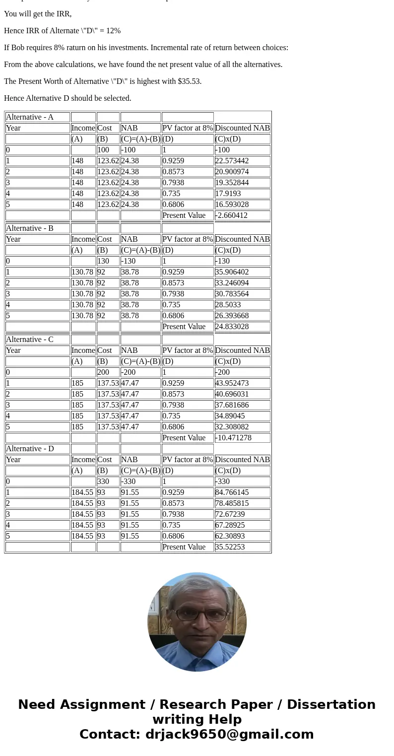 Please show work for every part of the question Bob is considering investing in one of the following investment projects. A B C D Initial cost 100 130 200 330 A