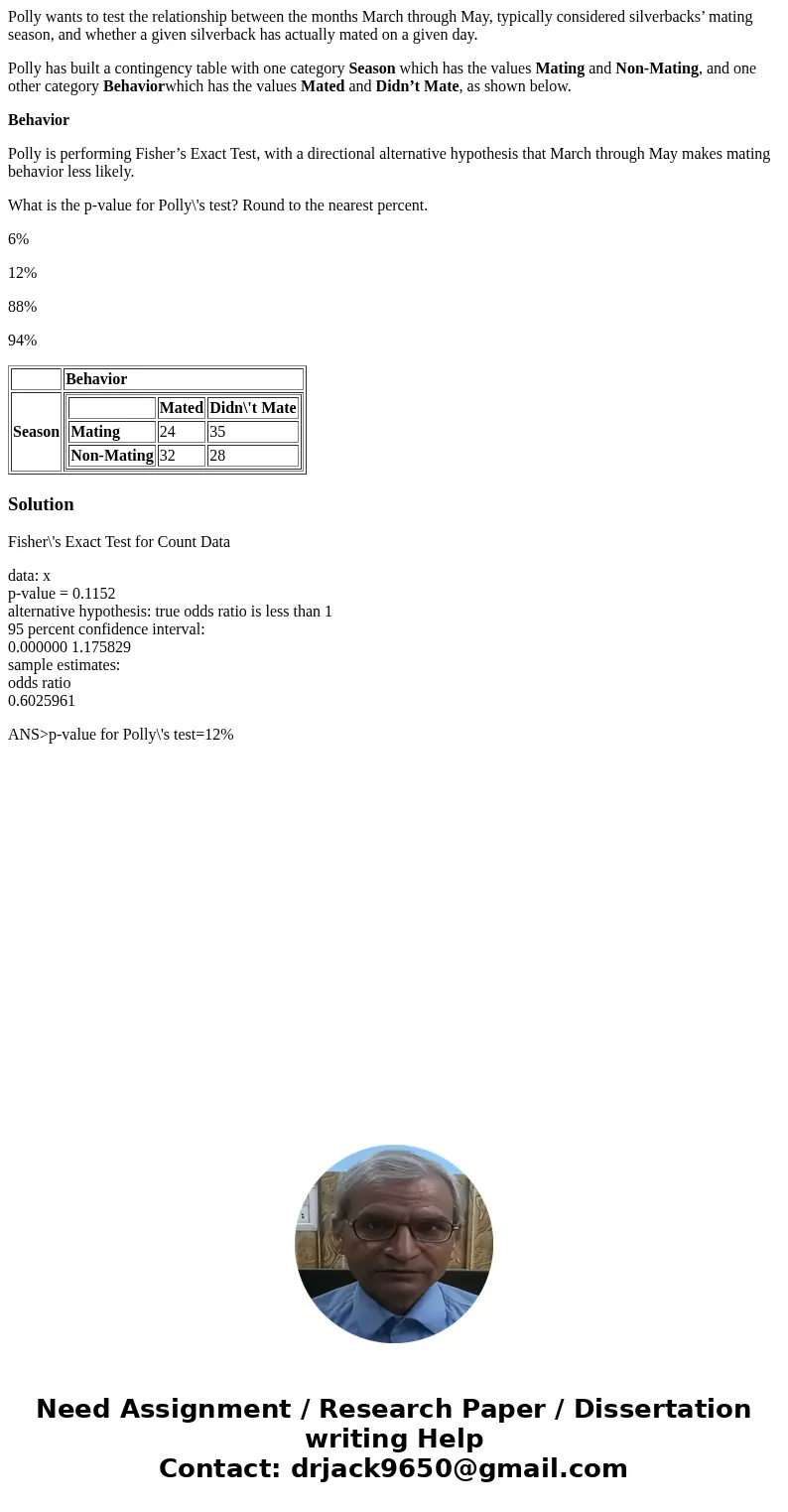 Polly wants to test the relationship between the months March through May, typically considered silverbacks’ mating season, and whether a given silverback has a