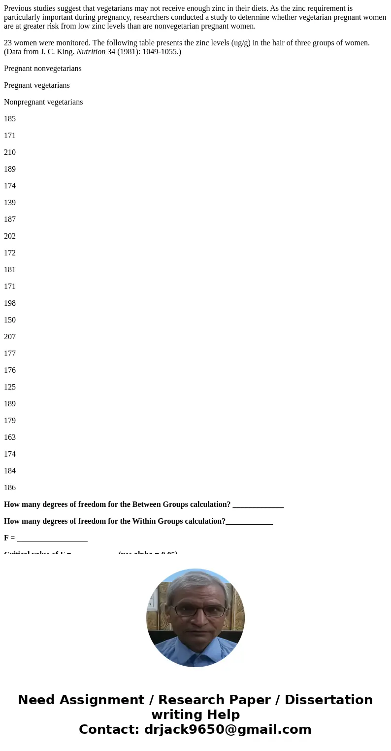 Previous studies suggest that vegetarians may not receive enough zinc in their diets. As the zinc requirement is particularly important during pregnancy, resear