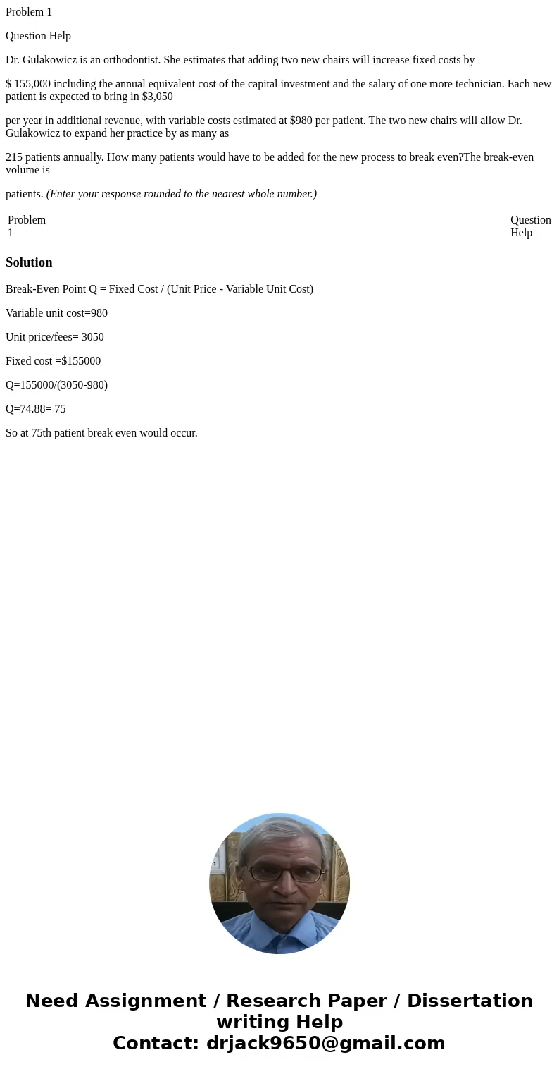Problem 1 Question Help Dr. Gulakowicz is an orthodontist. She estimates that adding two new chairs will increase fixed costs by $ 155,000 including the annual 