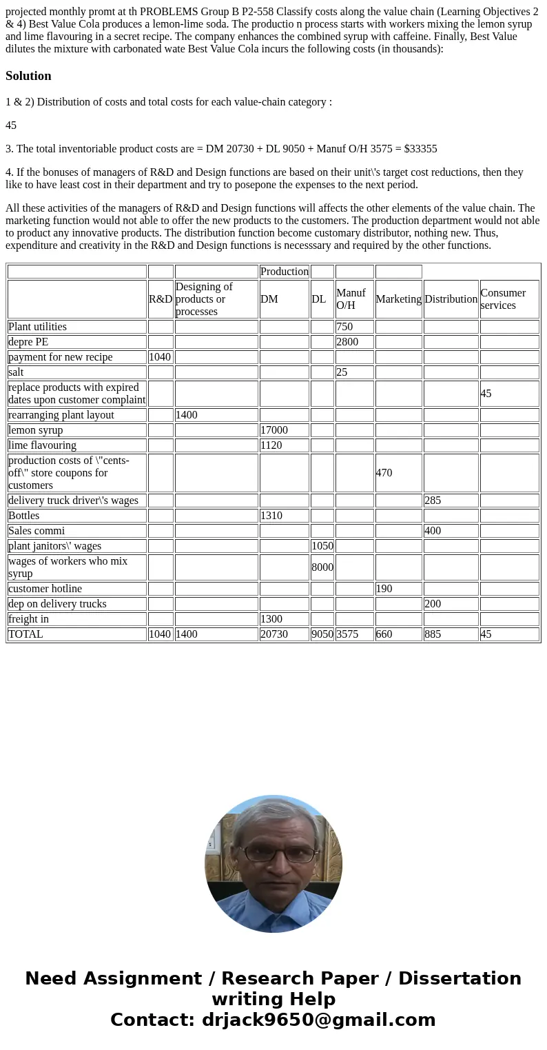  projected monthly promt at th PROBLEMS Group B P2-558 Classify costs along the value chain (Learning Objectives 2 & 4) Best Value Cola produces a lemon-lim