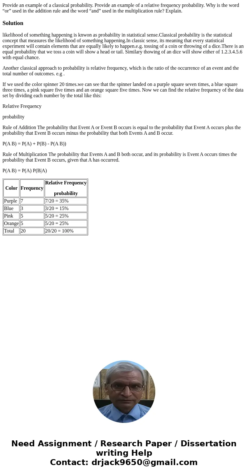 Provide an example of a classical probability. Provide an example of a relative frequency probability. Why is the word “or” used in the addition rule and the wo