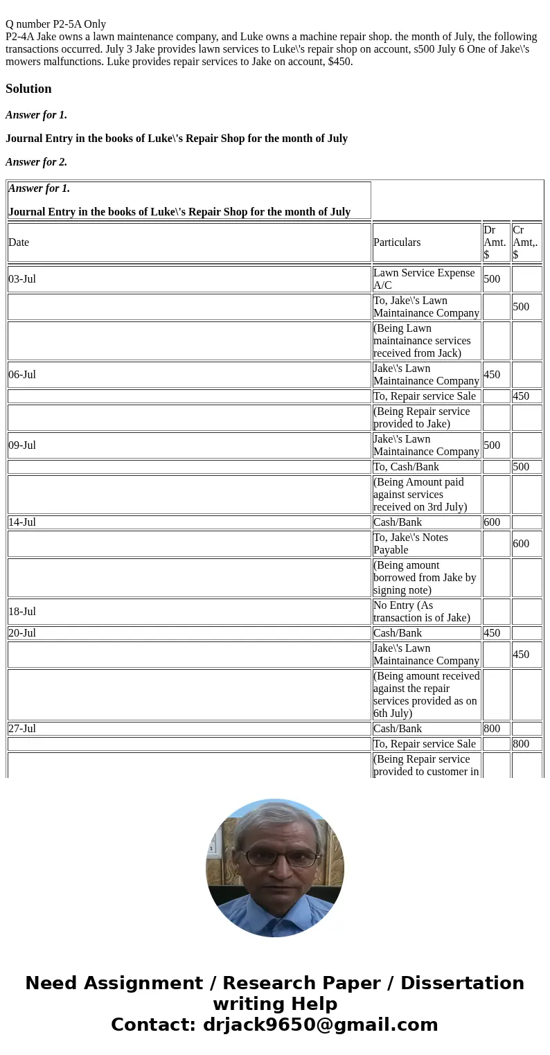  Q number P2-5A Only P2-4A Jake owns a lawn maintenance company, and Luke owns a machine repair shop. the month of July, the following transactions occurred. Ju