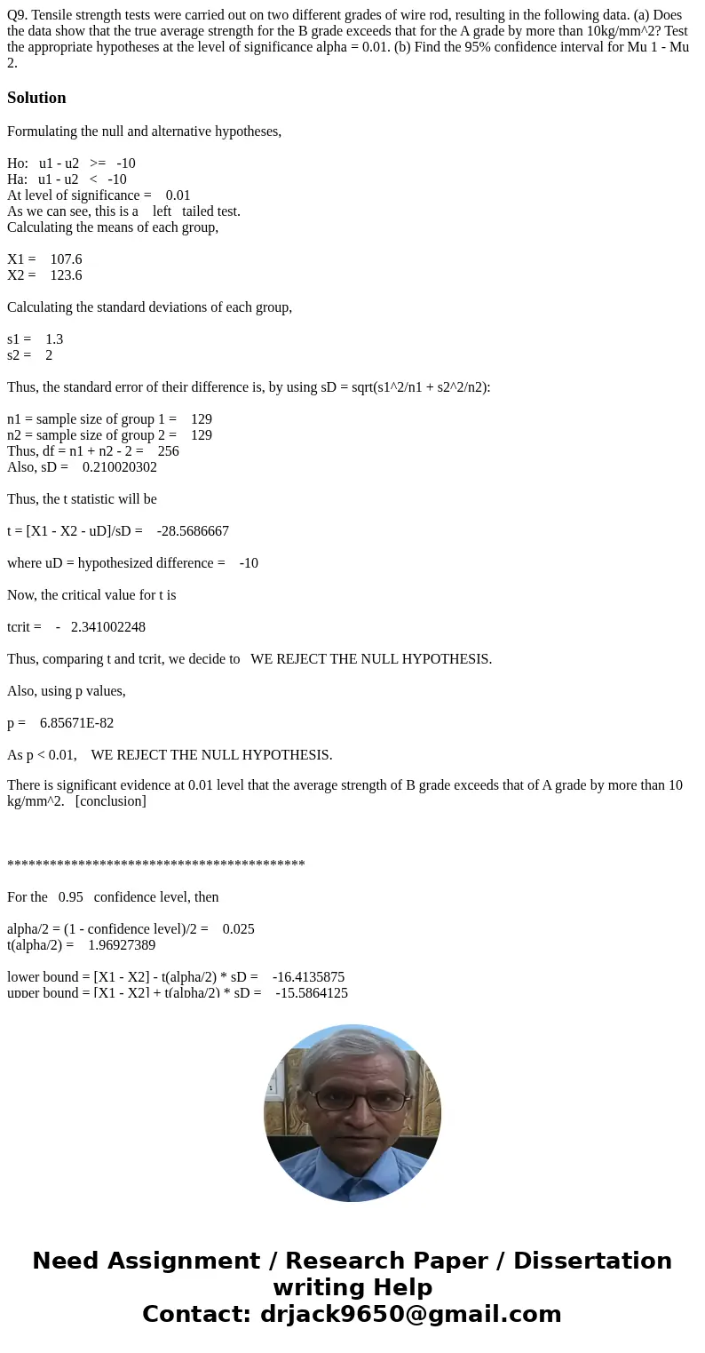  Q9. Tensile strength tests were carried out on two different grades of wire rod, resulting in the following data. (a) Does the data show that the true average 