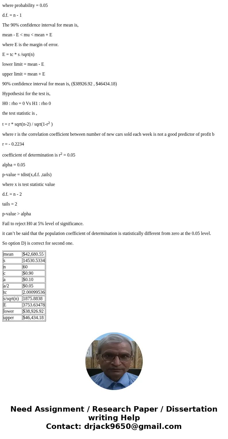 Question 1: Management believes that a new dealership can sell 12 new cars each week. What is the 90% confidence interval for expected total profit? $49,072.61 
