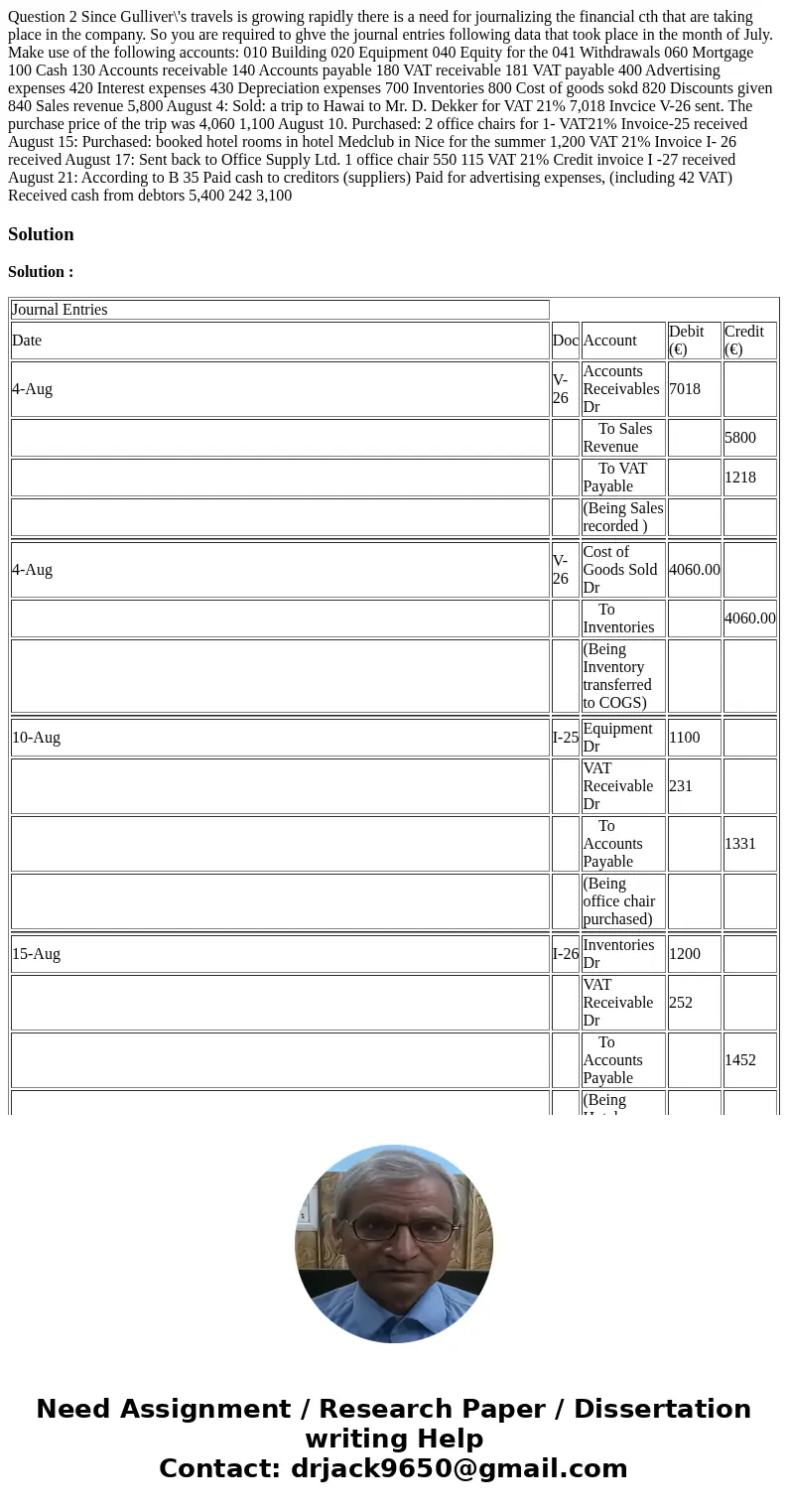  Question 2 Since Gulliver\'s travels is growing rapidly there is a need for journalizing the financial cth that are taking place in the company. So you are req