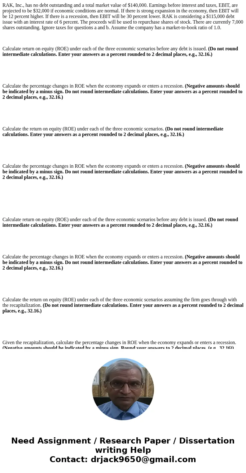 RAK, Inc., has no debt outstanding and a total market value of $140,000. Earnings before interest and taxes, EBIT, are projected to be $32,000 if economic condi