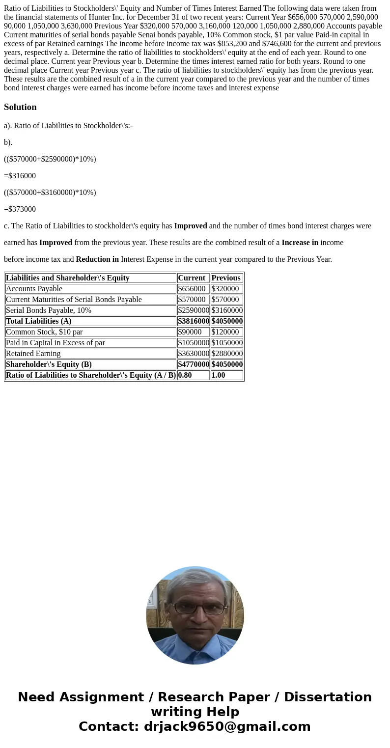  Ratio of Liabilities to Stockholders\' Equity and Number of Times Interest Earned The following data were taken from the financial statements of Hunter Inc. fo