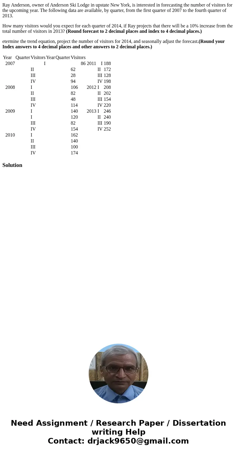 Ray Anderson, owner of Anderson Ski Lodge in upstate New York, is interested in forecasting the number of visitors for the upcoming year. The following data are