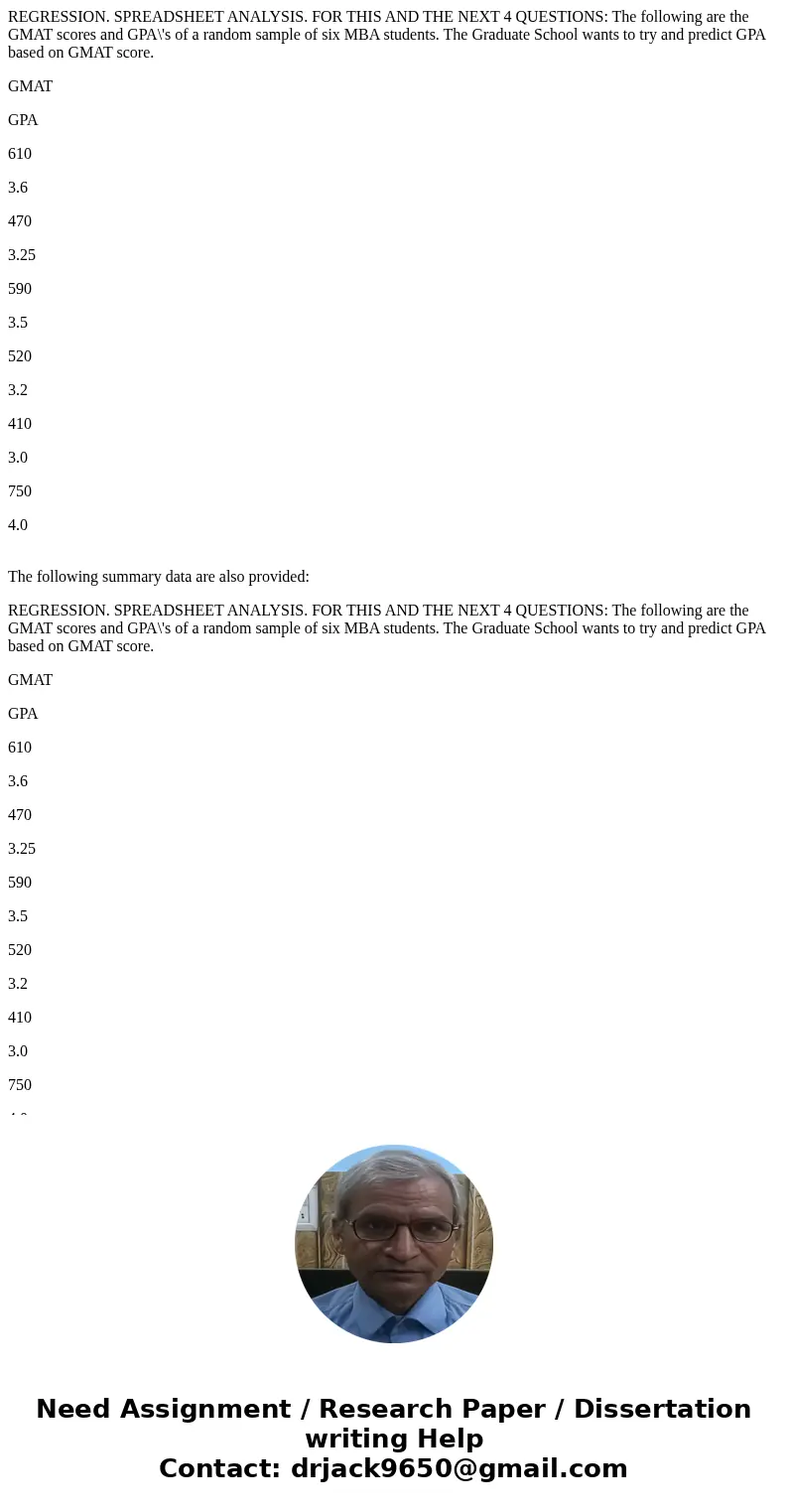 REGRESSION. SPREADSHEET ANALYSIS. FOR THIS AND THE NEXT 4 QUESTIONS: The following are the GMAT scores and GPA\'s of a random sample of six MBA students. The Gr REGRESSION. SPREADSHEET ANALYSIS. FOR THIS AND THE NEXT 4 QUESTIONS: The following are the GMAT scores and GPA\'s of a random sample of six MBA students. The Gr