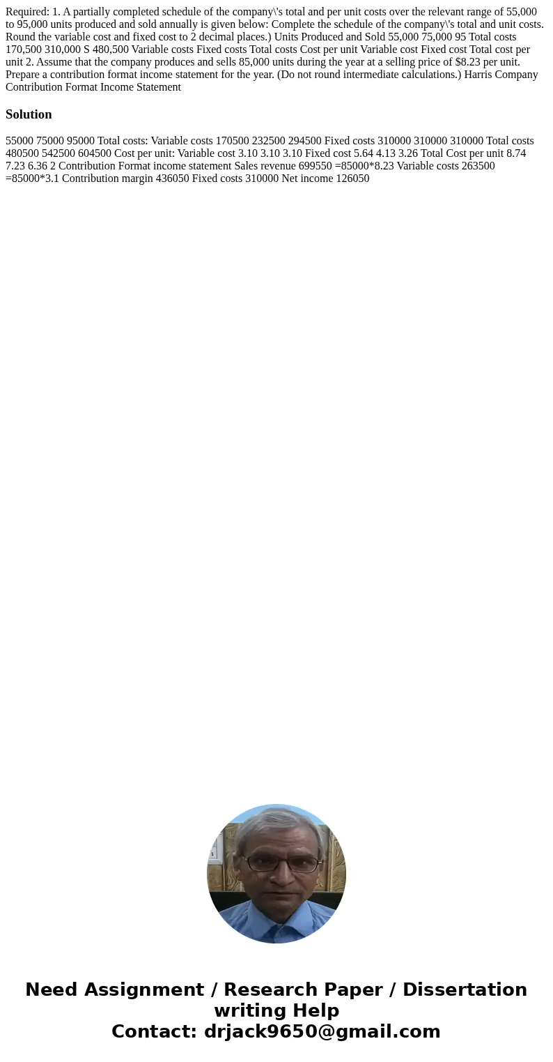  Required: 1. A partially completed schedule of the company\'s total and per unit costs over the relevant range of 55,000 to 95,000 units produced and sold annu