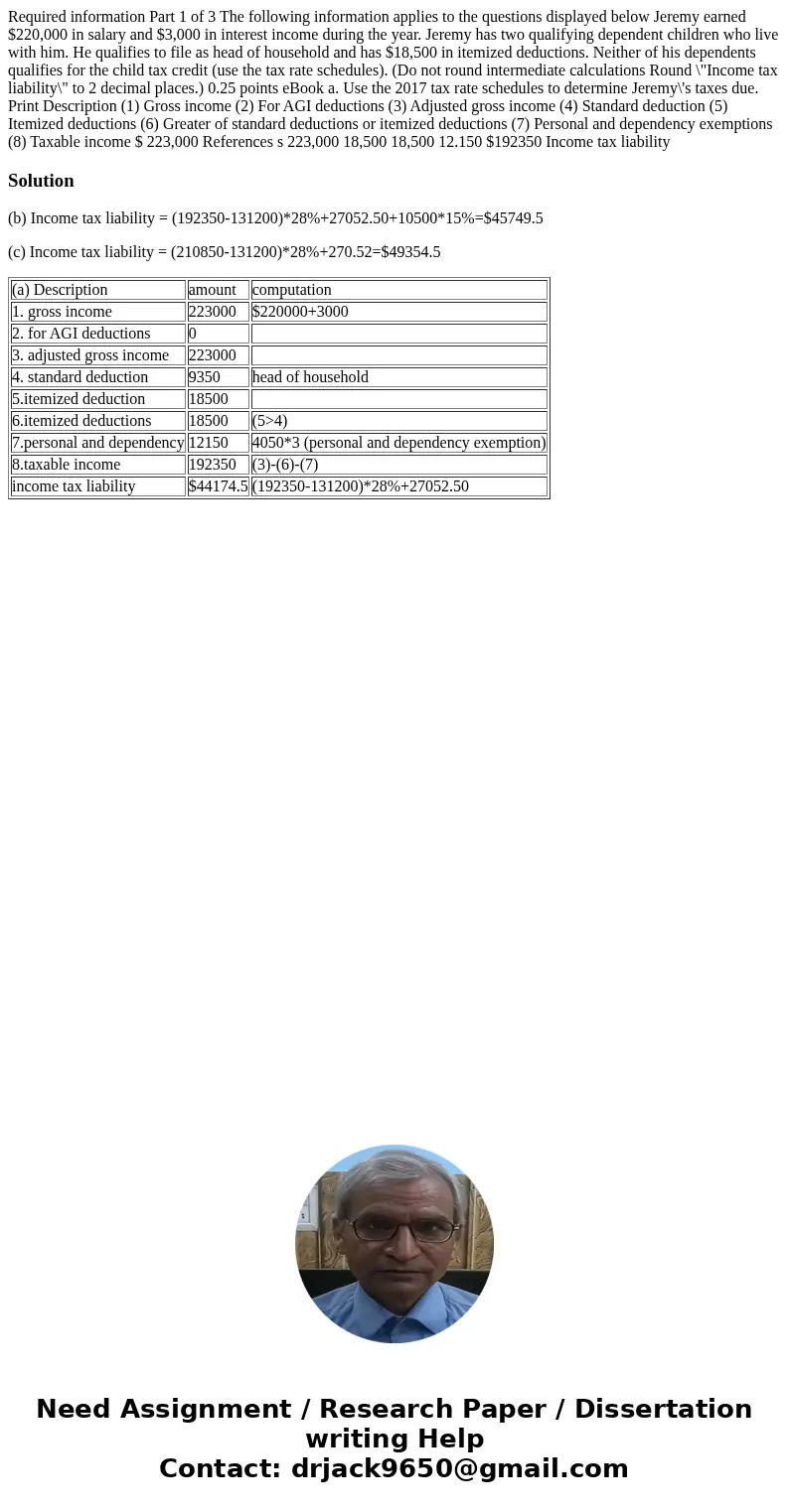  Required information Part 1 of 3 The following information applies to the questions displayed below Jeremy earned $220,000 in salary and $3,000 in interest inc