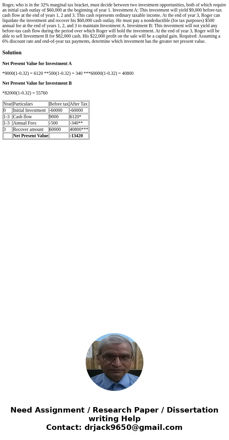 Roger, who is in the 32% marginal tax bracket, must decide between two investment opportunities, both of which require an initial cash outlay of $60,000 at the 