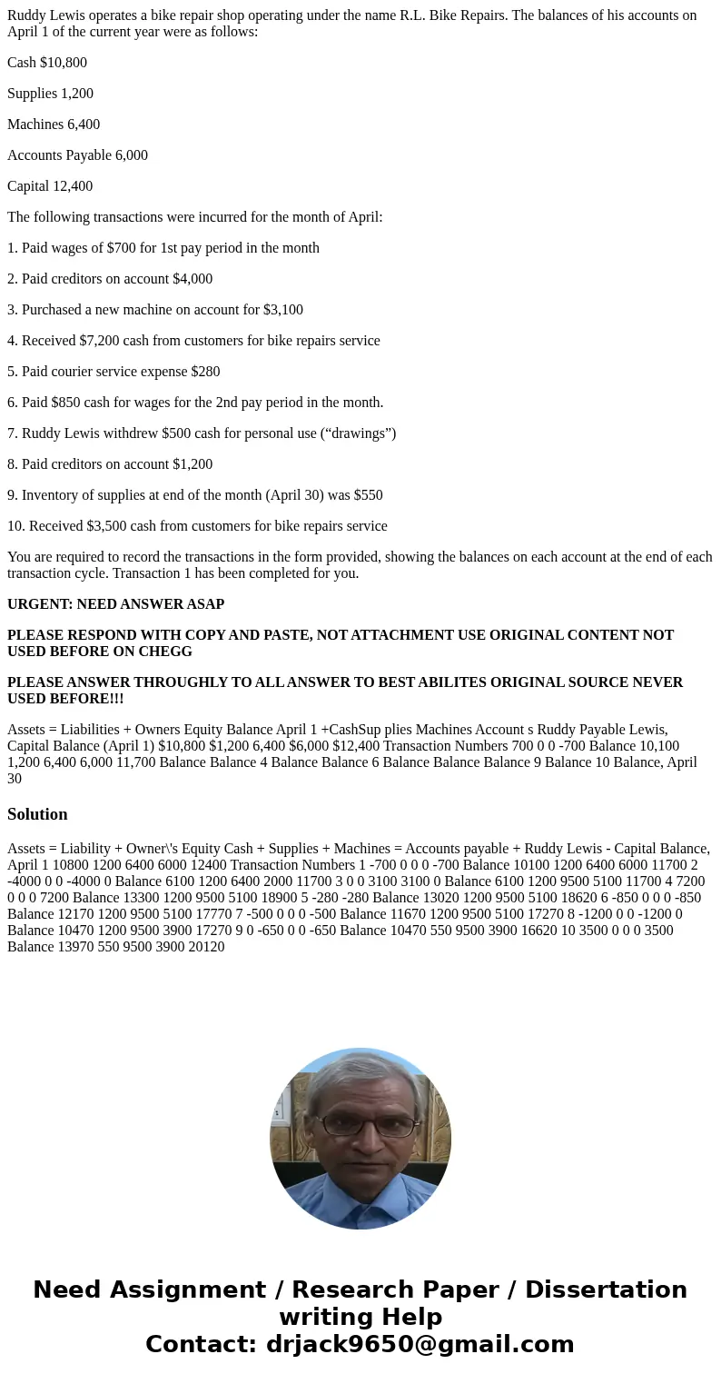 Ruddy Lewis operates a bike repair shop operating under the name R.L. Bike Repairs. The balances of his accounts on April 1 of the current year were as follows: