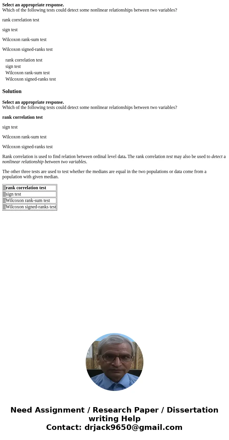 Select an appropriate response. Which of the following tests could detect some nonlinear relationships between two variables? rank correlation test sign test Wi
