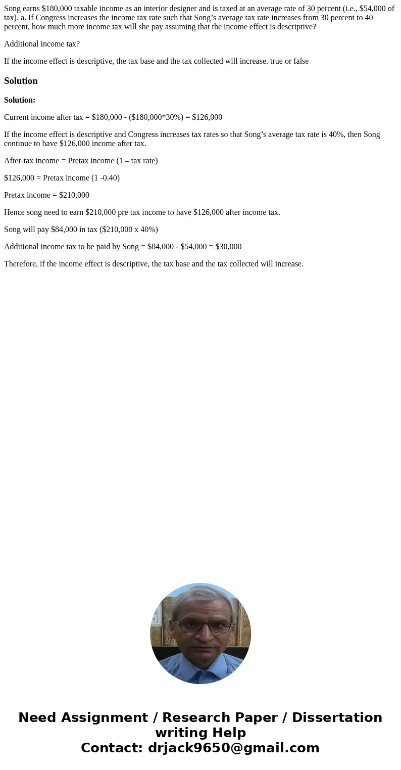 Song earns $180,000 taxable income as an interior designer and is taxed at an average rate of 30 percent (i.e., $54,000 of tax). a. If Congress increases the in