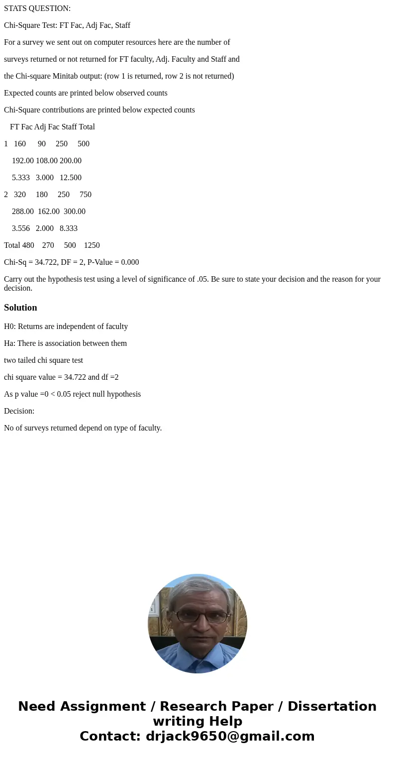 STATS QUESTION: Chi-Square Test: FT Fac, Adj Fac, Staff For a survey we sent out on computer resources here are the number of surveys returned or not returned f