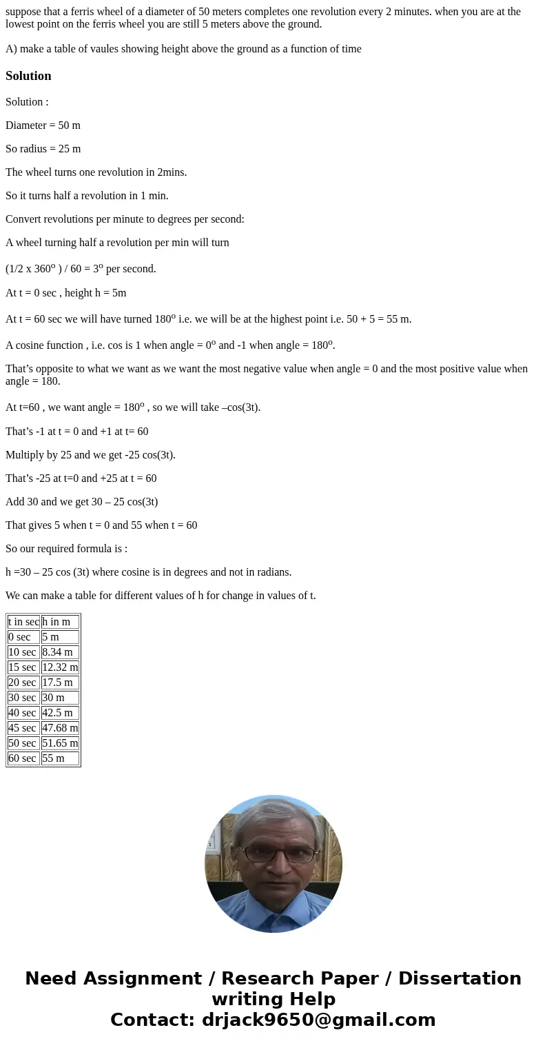 suppose that a ferris wheel of a diameter of 50 meters completes one revolution every 2 minutes. when you are at the lowest point on the ferris wheel you are st