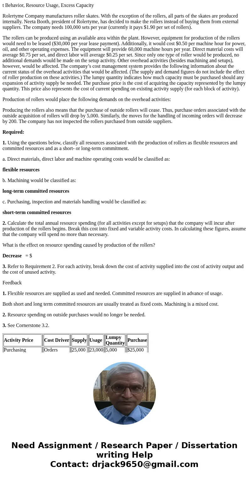 t Behavior, Resource Usage, Excess Capacity Rolertyme Company manufactures roller skates. With the exception of the rollers, all parts of the skates are produce