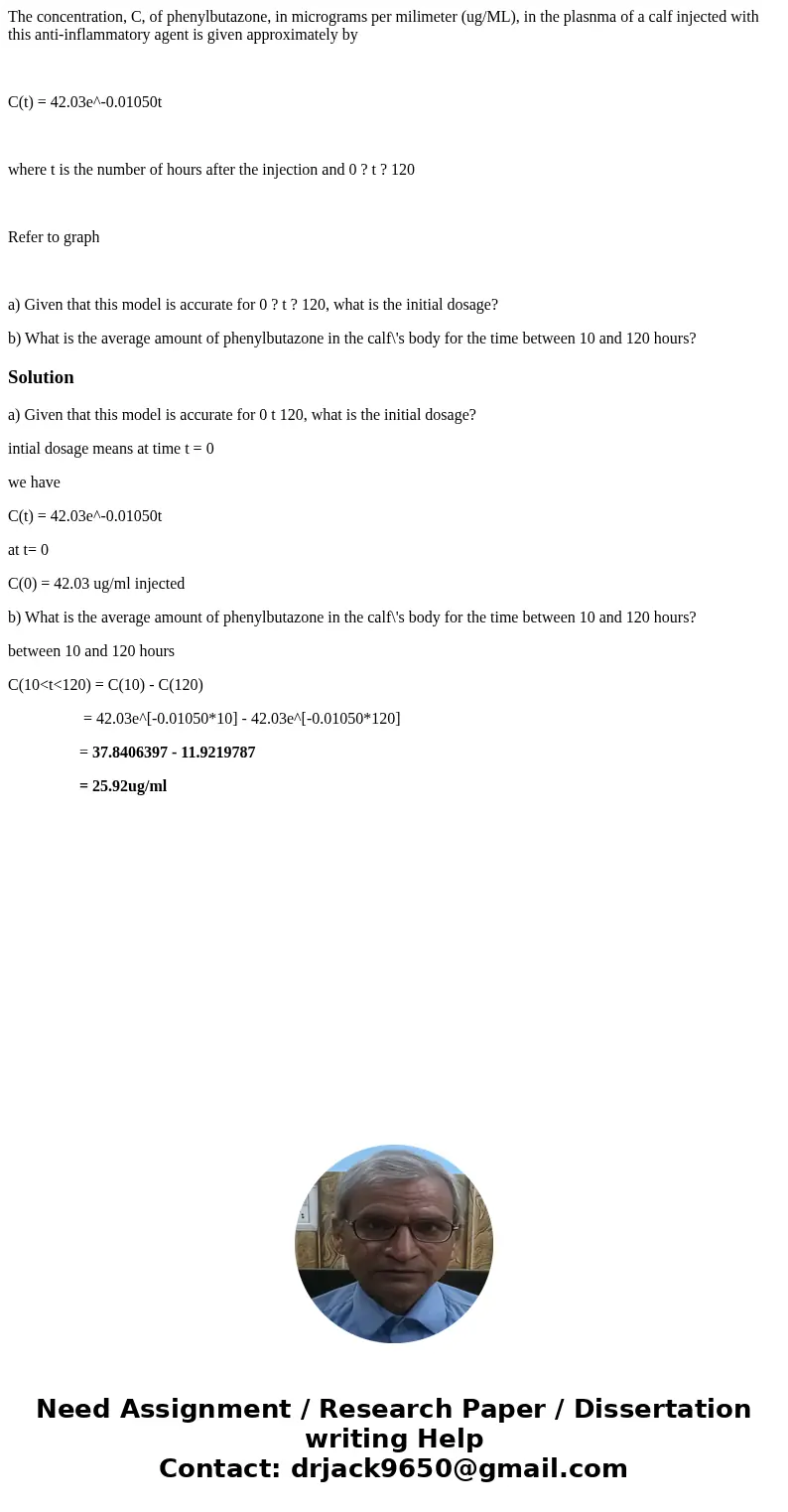 The concentration, C, of phenylbutazone, in micrograms per milimeter (ug/ML), in the plasnma of a calf injected with this anti-inflammatory agent is given appro