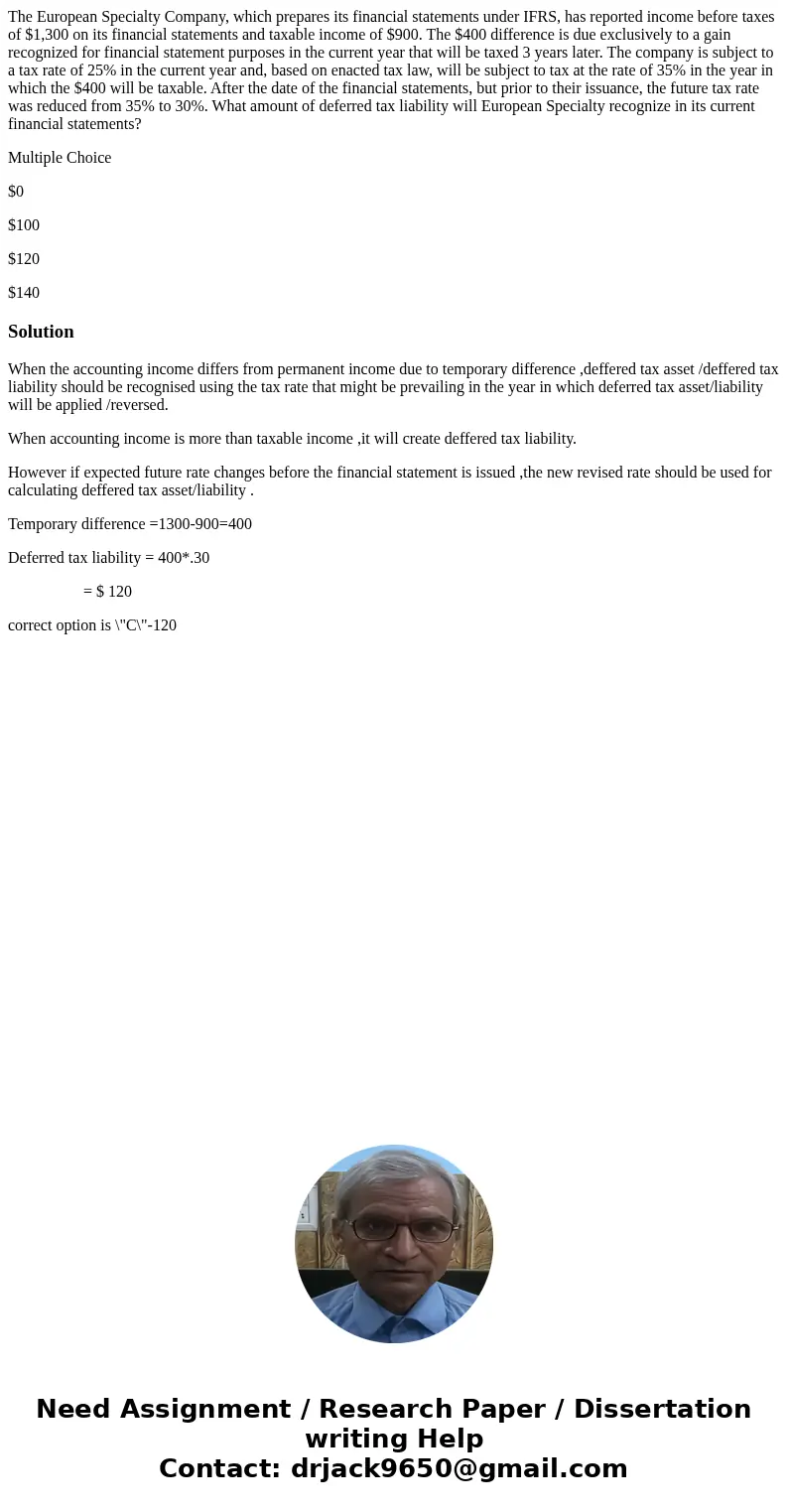 The European Specialty Company, which prepares its financial statements under IFRS, has reported income before taxes of $1,300 on its financial statements and t