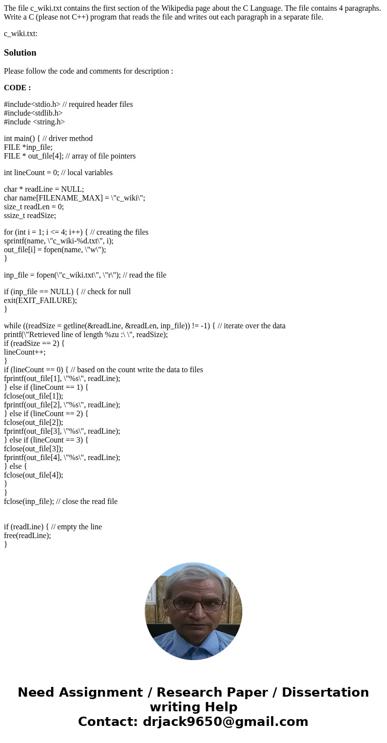 The file c_wiki.txt contains the first section of the Wikipedia page about the C Language. The file contains 4 paragraphs. Write a C (please not C++) program th The file c_wiki.txt contains the first section of the Wikipedia page about the C Language. The file contains 4 paragraphs. Write a C (please not C++) program th