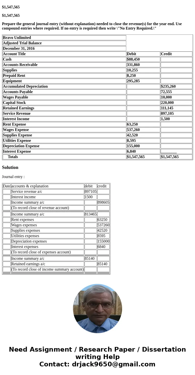 The following is the Bravo Unlimited adjusted Trial Balance. Bravo Unlimited Adjusted Trial Balance December 31, 2016 Account Title Debit Credit Cash $88,450 Ac