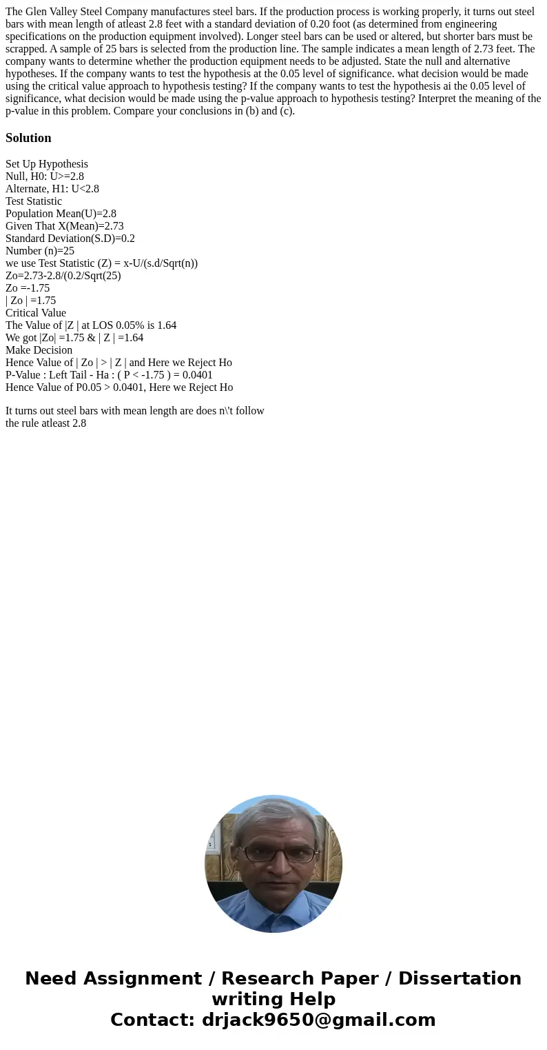  The Glen Valley Steel Company manufactures steel bars. If the production process is working properly, it turns out steel bars with mean length of atleast 2.8 f