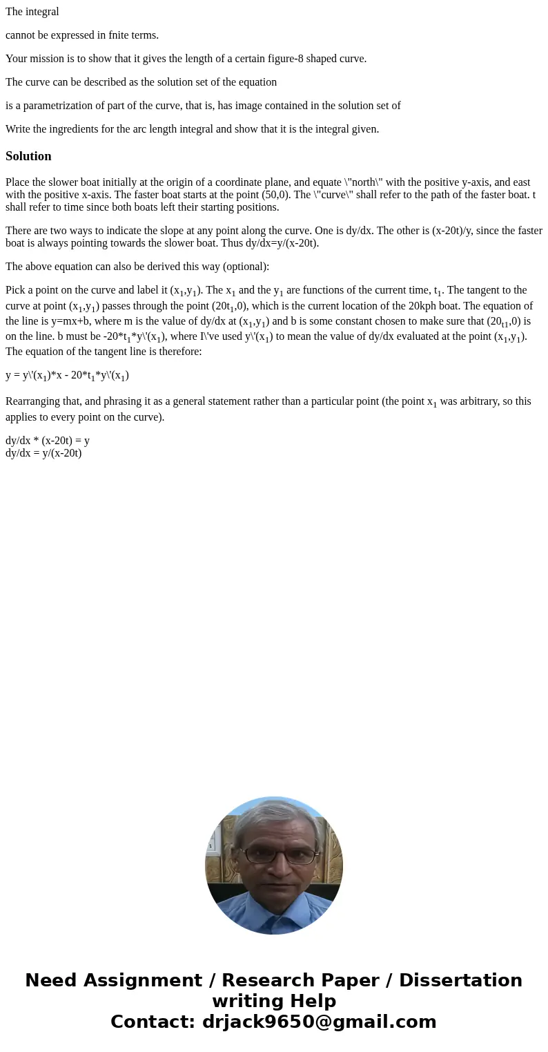The integral cannot be expressed in fnite terms. Your mission is to show that it gives the length of a certain figure-8 shaped curve. The curve can be described