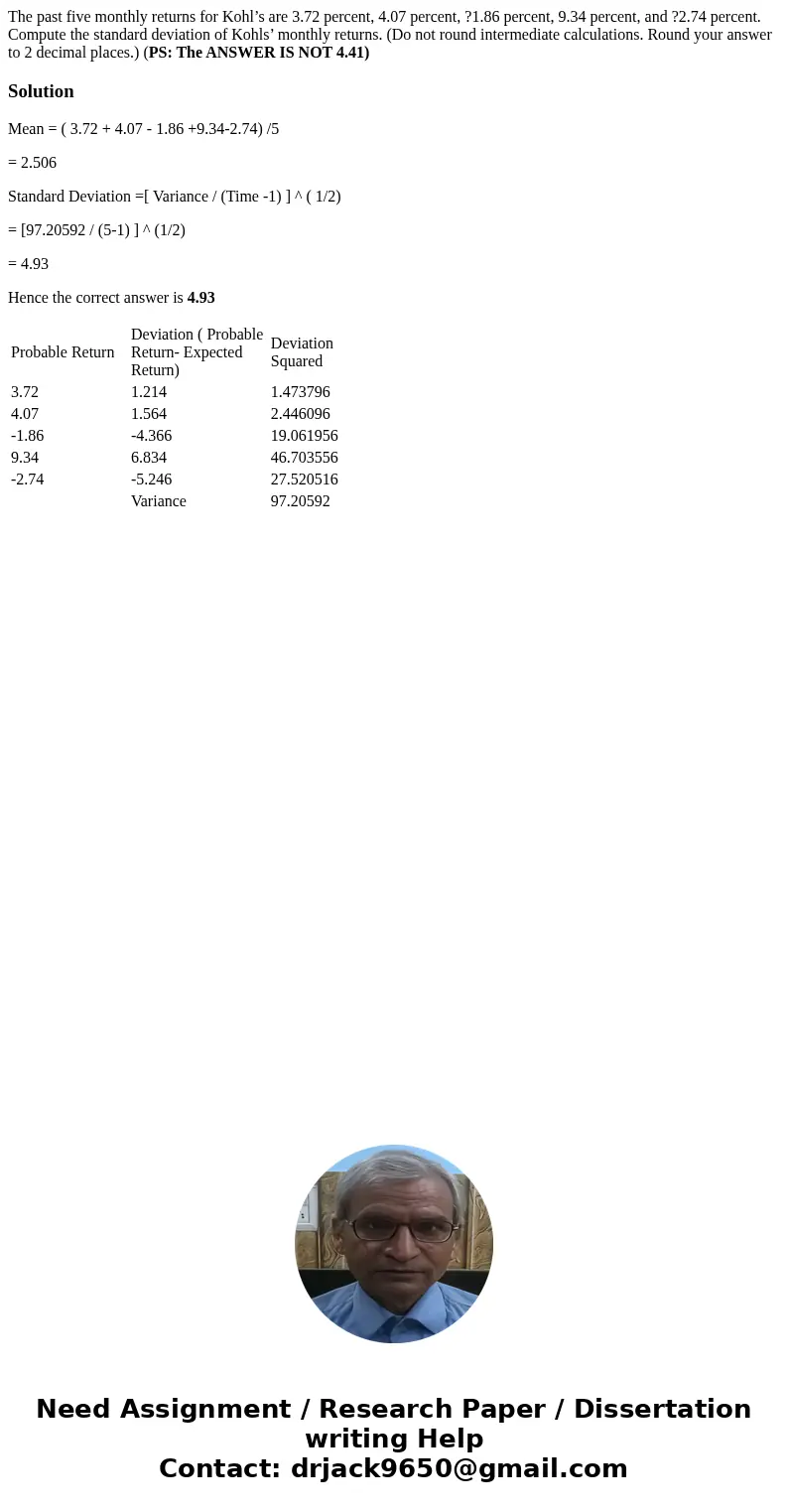 The past five monthly returns for Kohl’s are 3.72 percent, 4.07 percent, ?1.86 percent, 9.34 percent, and ?2.74 percent. Compute the standard deviation of Kohls