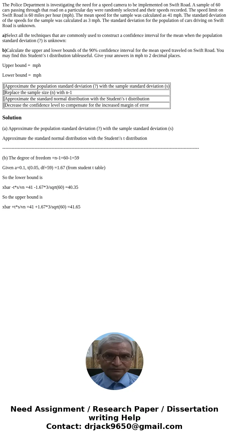 The Police Department is investigating the need for a speed camera to be implemented on Swift Road. A sample of 60 cars passing through that road on a particula