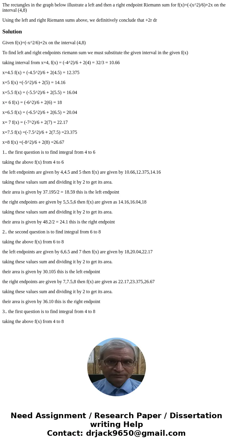 The rectangles in the graph below illustrate a left and then a right endpoint Riemann sum for f(x)=(-(x^2)/6)+2x on the interval (4,8) Using the left and right 