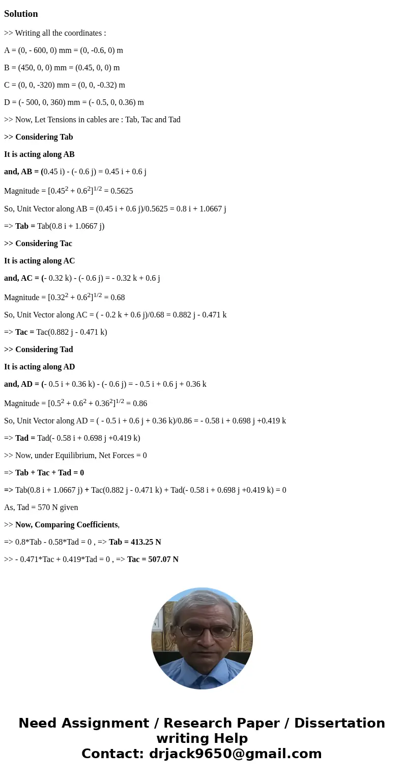  The tension in cable AD is 570N From the perspective of point A provide the force vector in CVF. Also give the scalar value listed 360 mm 450 mn P. s : 500 min