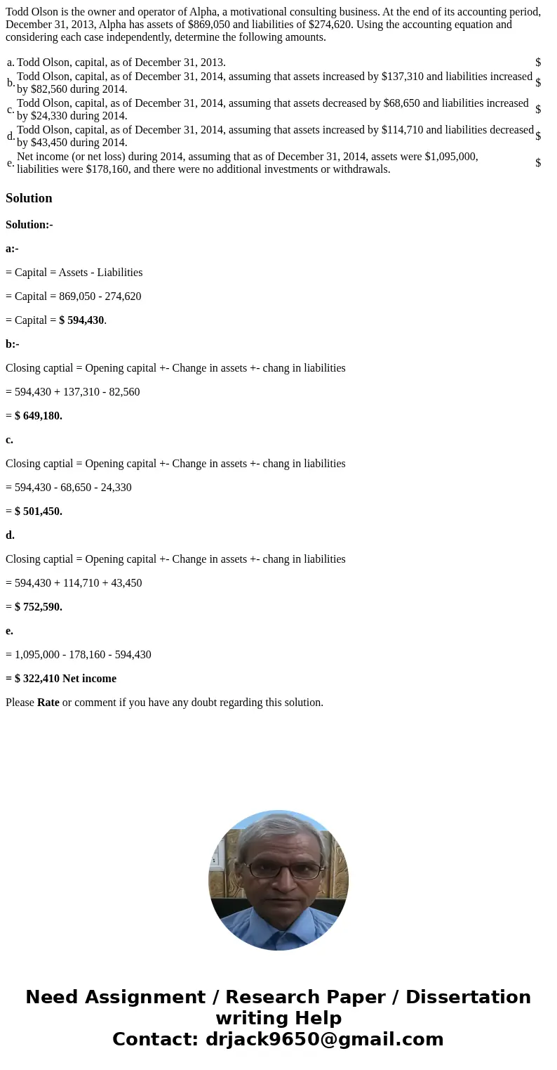 Todd Olson is the owner and operator of Alpha, a motivational consulting business. At the end of its accounting period, December 31, 2013, Alpha has assets of $ Todd Olson is the owner and operator of Alpha, a motivational consulting business. At the end of its accounting period, December 31, 2013, Alpha has assets of $