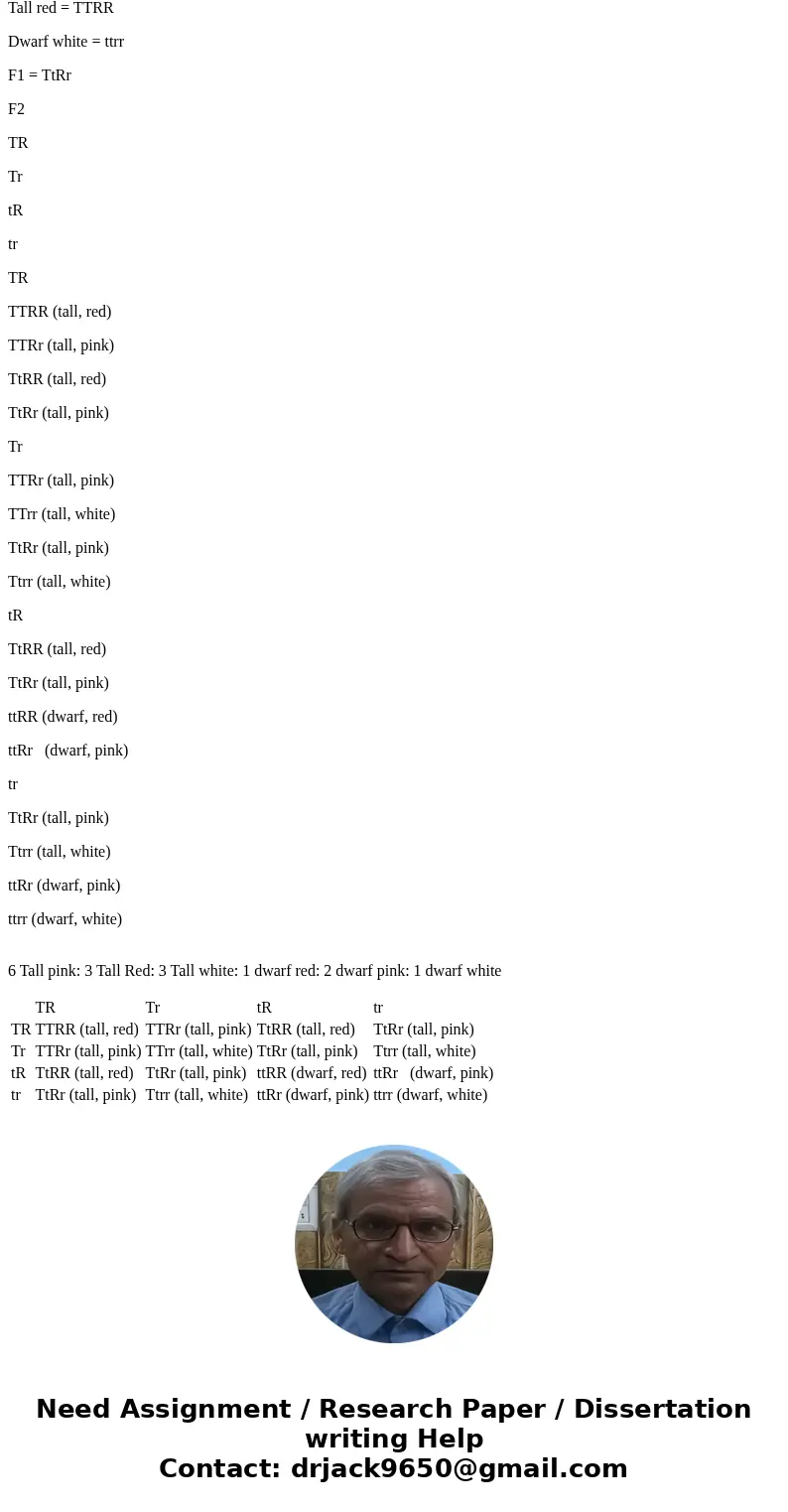  True breeding tall red flowered plants are crossed with dwarf white- flowered plants. The resulting F1 generation consists of all tall pink flowered plants. As