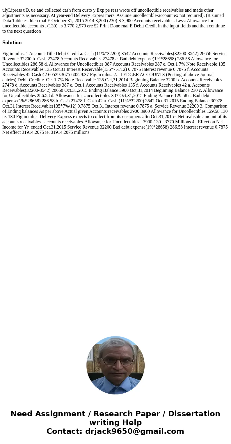  ulyLipress uD, ue and collected cash from custo y Exp pe ress wrote off uncollectible receivables and made other adjustments as necessary. At year-end Delivery